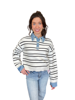 Striped Contrast Denim Collar Sweater Top