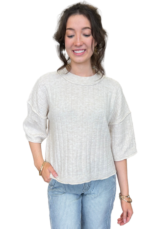 Oatmeal Cropped Length Ribbed Knit Sweater